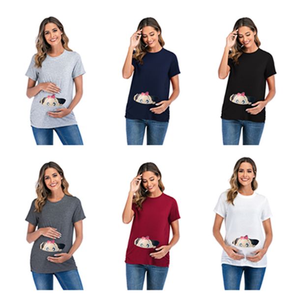

summer mommy clothing round neck short sleeve cartoon print maternity t-shirt, White
