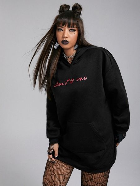 

plus letter graphic drop shoulder hoodie dress a22r#, Black