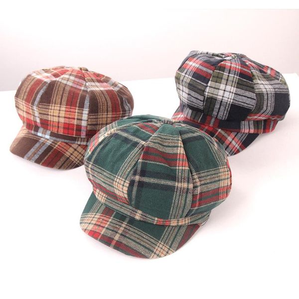 

berets autumn and winter octagonal hat ins retro british plaid casual japanese joker female student street, Blue;gray