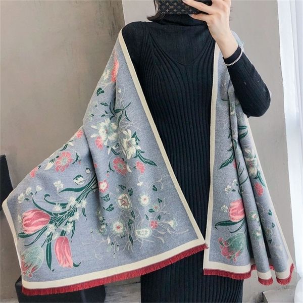 

new women scarf elegant floral print cashmere stole lady thick warm pashmina winter scarves foulard shawls wraps poncho y201007, Blue;gray