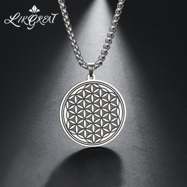 

likgreat stainless steel pendant necklaces for men women flower of life round charm necklace box chain vintage jewelry collares, Silver