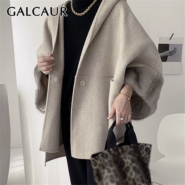 

galcaur khaki coat for women hooded collar patchwork fur long sleeve loose oversized tweed thick coats female winter style 201218, Black