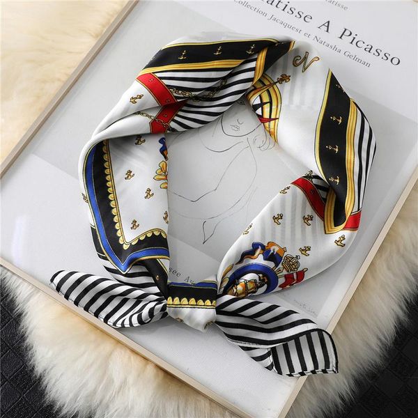 

2021 luxury silk square scarf for lady striped design print women foulard hair band neck scarves female bandana wraps bag tie, Blue;gray