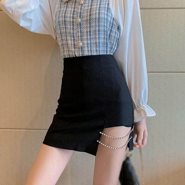 

split irregular hollow out high waist skirt metal chain bodycon skirts girls club clothing women clothes, Black