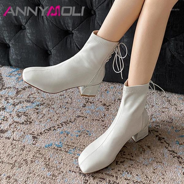 

annymoli high heel woman boots real leather ankle boots lace up block heel shoes square toe short female beige big size 401, Black