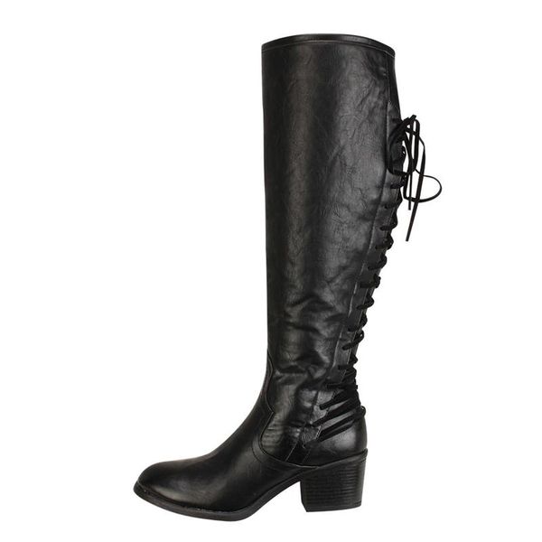 

women's winter shoes lace-up square heel boots plus big size round toe retro women shoes middle tube boots, Black