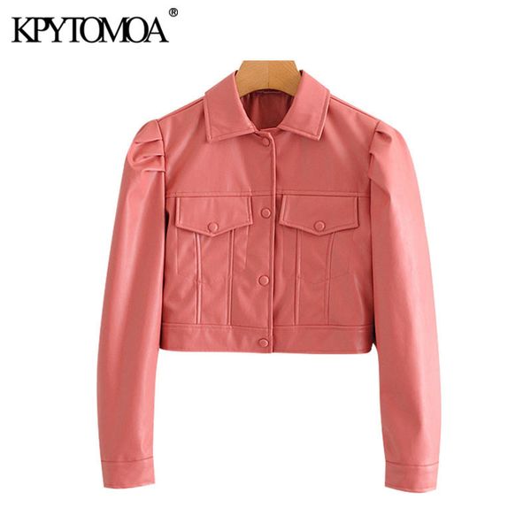 KPytomoa mulheres moda falso couro colhido moto moto jaqueta casaco vintage manga comprida bolsos feminino outerwear chique tops 201030
