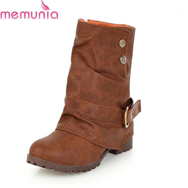 

memunia 2020 new arrival mid calf boots round toe unique buckle winter boots square low heels women casual shoes size 34-431, Black