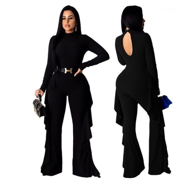 

31a8208 autumn winter women outdoor casual fashion solid ruffle cuffs jumpsuit playsuit rompers plus size, Black;white
