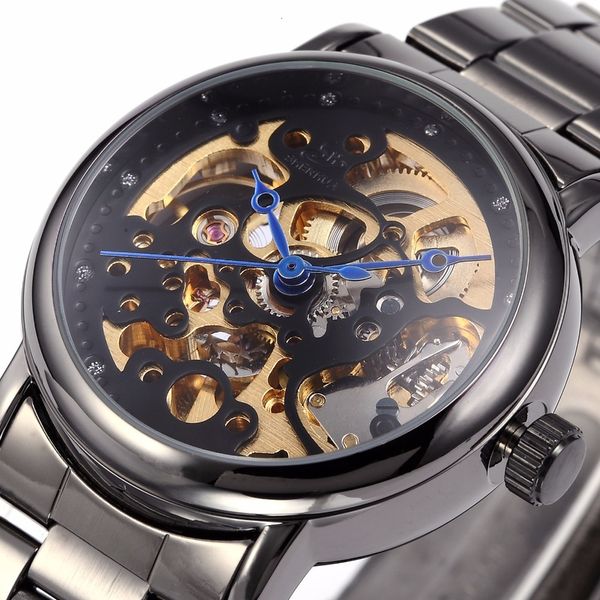 

shenhua 38mm case ladies clock automatic mechanical women watch skeleton dial gunmetal tone steel band horloges vrouwen, Slivery;brown