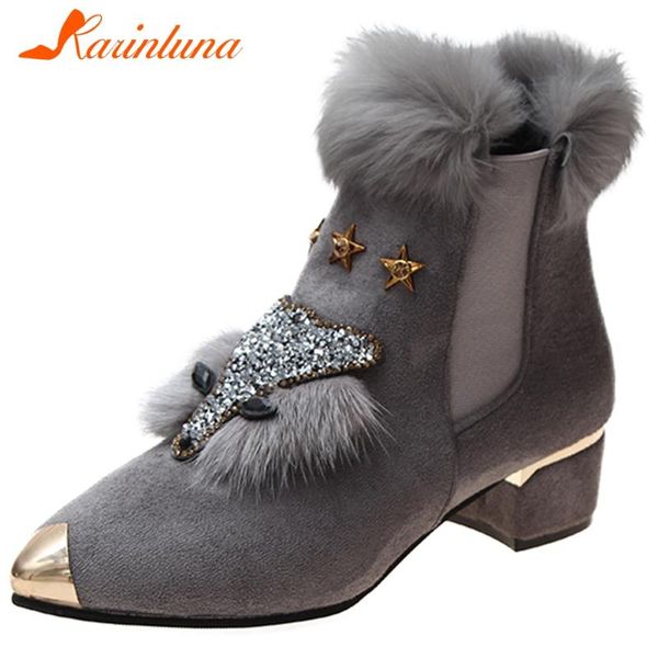 

karin lady 2020 winter boots square heels crystal decoration boots women metal pointed toe ankle shoes woman, Black