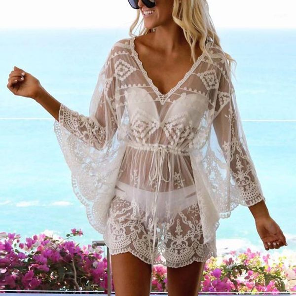 

women beach cover up floral lace hollow crochet swimsuit bathing suit beachwear tunic beach dress1, White;black