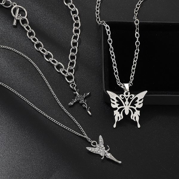 

multi-layer angel cross rose butterfly pendant necklace for women men gothic harajuku choker long chain necklaces punk jewelry