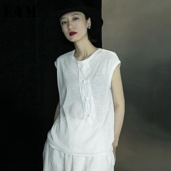 

eam] women white brief big size stitch buckle t-shirt new round neck sleeveless fashion tide spring summer 2020 1x015