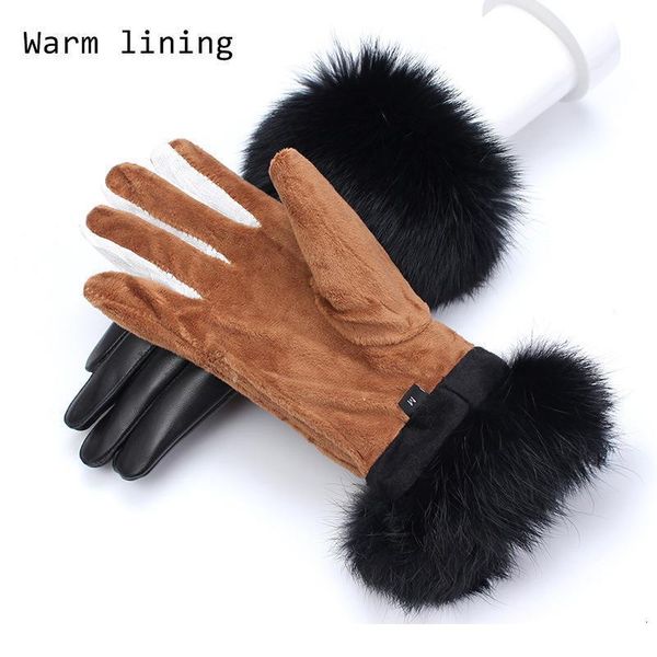 

2019 winter glove woman genuine leather gloves rabbit hair luxurious sheepskin touch screen gloves handschoenen guant jllpjp, Black