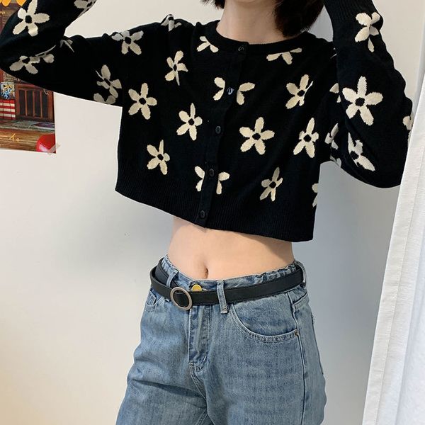 

2021 new female-style korean autumn floral short cardigan women's sweater long sleeve jackets (x1541 3urz, White;black