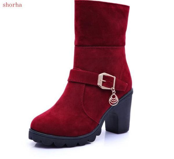 

boots women female winter shoes woman suede warm snow square ankle high heels, Black