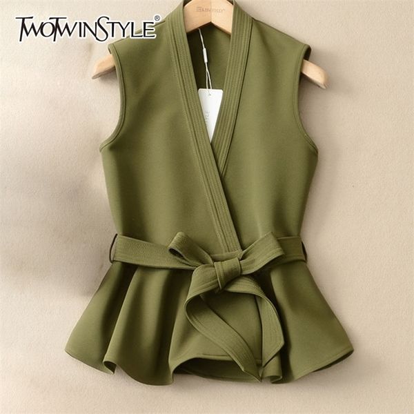 

galcaur lace up waistcoat for women sleeveless v neck high waist bow draped vest spring summer fashion new clothing 201031, Black;white
