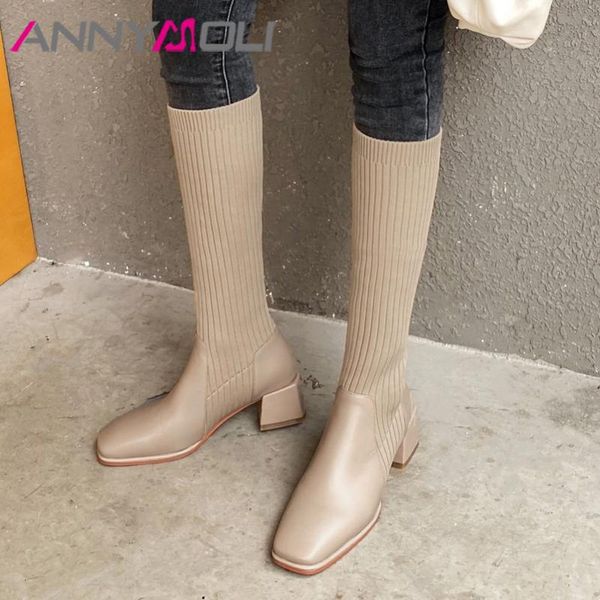 

boots annymoli women knee high shoes real leather heel long square toe block heels slim winter apricot 33-40, Black