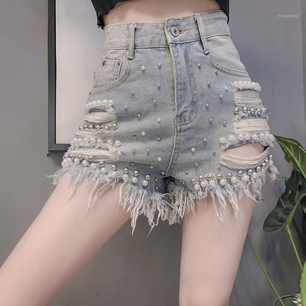 

2020 summer new fashion casual embroidered flares solid pearl high waist hollow out slim denim shorts women jeans1, Blue
