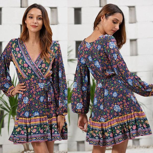 

women's deep v heavy industry printing short skirt long sleeve dress casual dress1, Black;gray