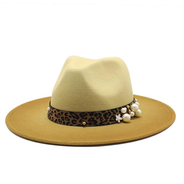 

wide brim hats 2021 women imitation woolen gradient fedora hat jazz caps with leopard ribbon pearl elegant lady party formal bowler, Blue;gray