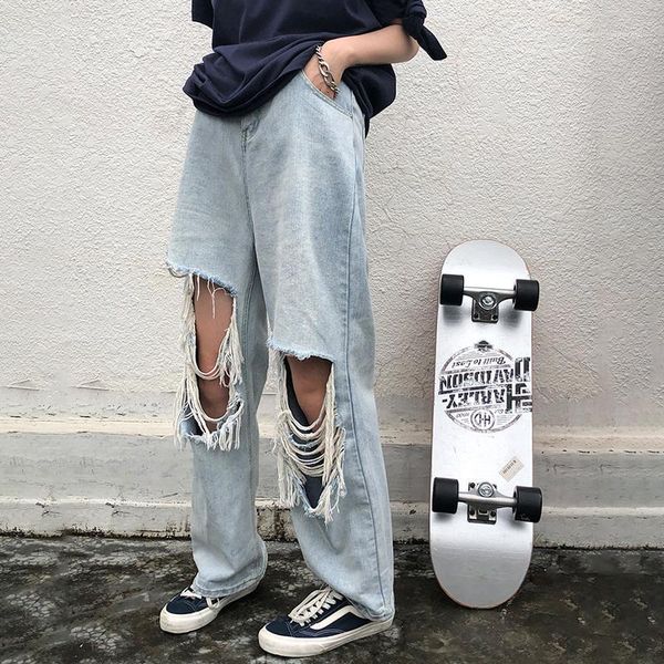 

women's jeans streetwear chic ripped woman washed boyfriend style casual denim pants high waist wide leg hollow out trousers women1, Blue