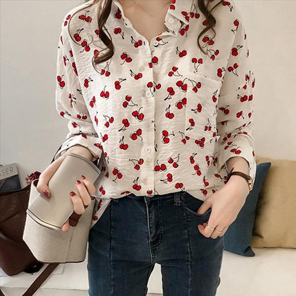 

новая блузка женщины мода женщины топы ретро вишня печать с длинным рукавом отворота слушающаяся рубашка блузка blusas mujer de moda 2019 gu, White