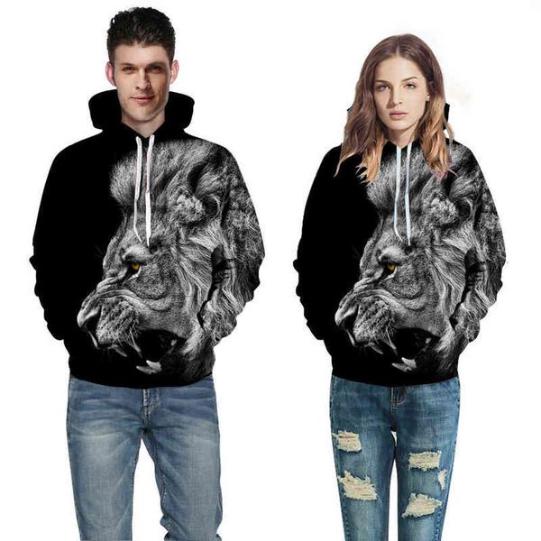

men's nnd women's sweatshirts lion's head digital print hooded sweater street style large couple baseball suit, Black