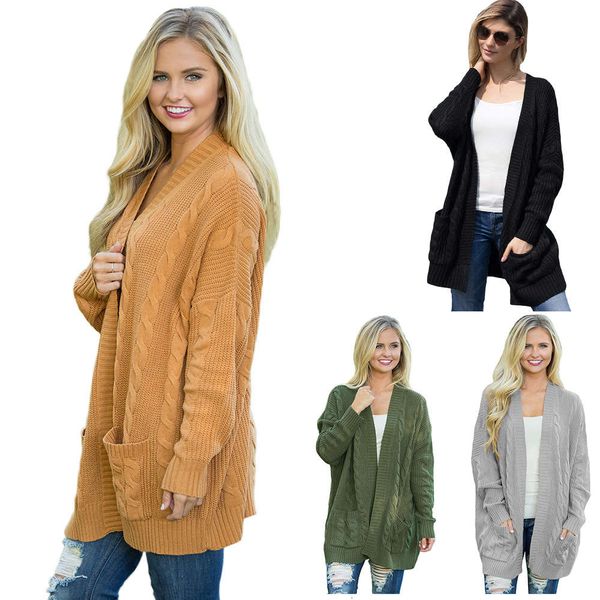 

medium length knitted striped autumn winter new solid color cardigan long sleeve sweater women's wear 27752, White;black