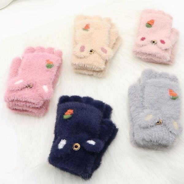 

five fingers gloves women' winter warm touch screen cute sensory half finger knitted fluff outdoor flip cover ears, Blue;gray