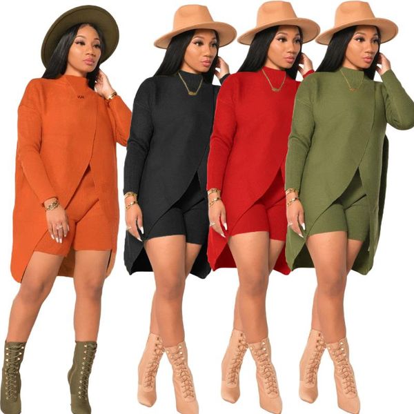 

2 pieces set women knitted tracksuit cashmere sweater + carrot jogging shorts pullover sweater set african chic knitted outwear, Gray