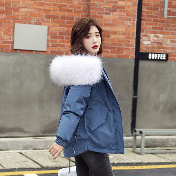 

2020 new winter women korean loose solid coat cotton padded jacket female big faux fur collar hooded short oversized parkas z981, Black