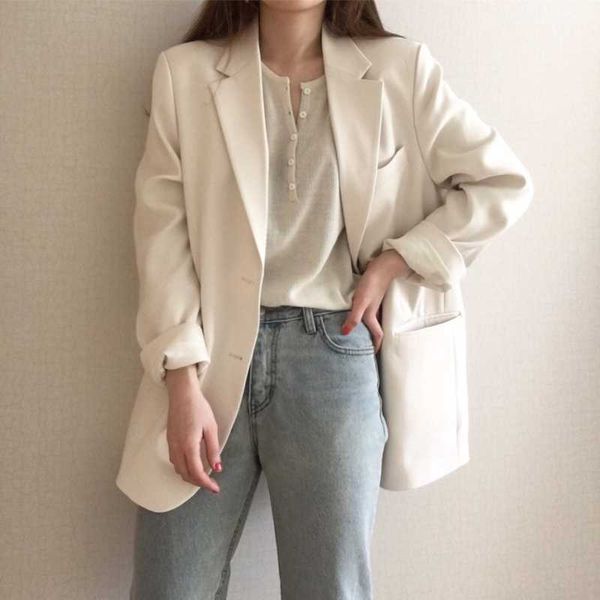 

loose women casual blazer solid long sleeve notched chic 2021 new spring korean office female coat vintage blazers outerwear, White;black