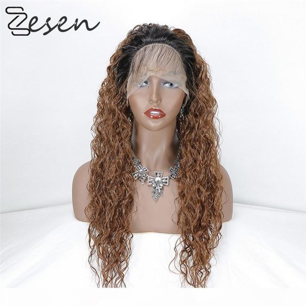 

zesen heat resistant fiber hair curly wavy synthetic wig ombre auburn color synthetic lace front wigs for women baby hair, Black