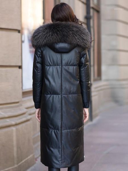 

jacket leather 2020 winter coat women raccoon fur collar down jacket women real sheepskin coat warm long jackets my4455 s1, Black