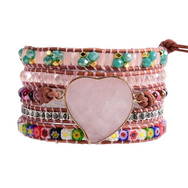 

rose quartz heart women leather wrap bracelets beaded 5x boho jewelry dropshipping, Golden;silver