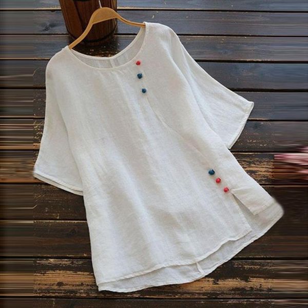 

women plus size blouse vintage pure color o neck short sleeve loose blusas mujer de moda 2020 womens and blouses, White