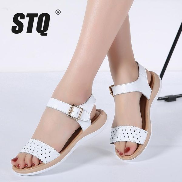 

sandals stq 2021 women summer genuine leather flat cutout ankle strap female white gladiator 18071, Black