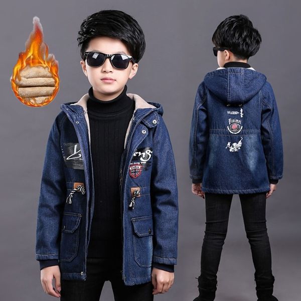 

children boys jeans jacket teens fleece coats winter velvet outerwear hoooded outfits denim windbreaker for 5 6 8 10 12 14 years y200901, Blue;gray