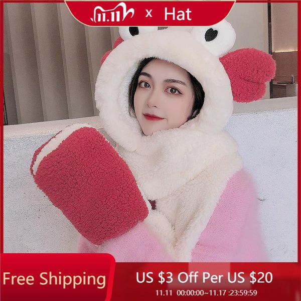 

hats, scarves & gloves sets winter plush hat gloves3-piece set female student neck collar, thickened warm suit hats for women, Blue;gray