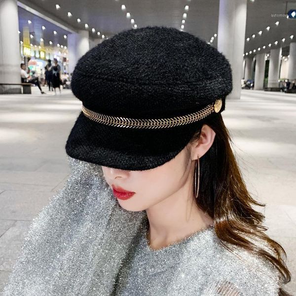 

2020 new autumn winter imitated mink hair metal fishbone chain octagonal hat men women leisure all-match beret cap1, Blue;gray