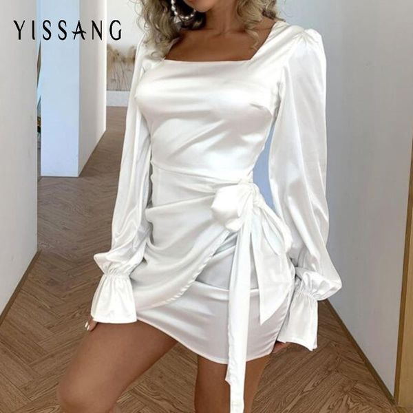 

yissang sashes white elegant short dress women autumn belt square collar long puff sleeves bodycon club party dresses vestidos, Black;gray