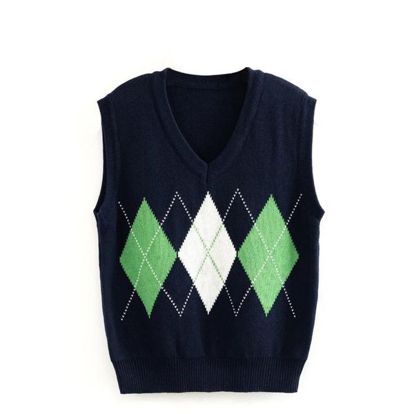 

women 2021 fashion oversized diamond lattice knitted vest sweater vintage sleeveless side vents female waistcoat #t1g, White;black