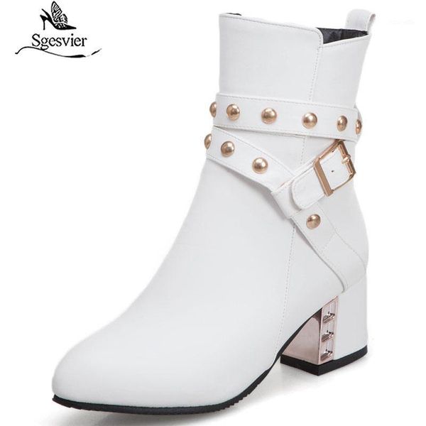 

boots sgesvier fashion buckle rivet block high heel woman yellow white black women shoes winter ankle 2021 footwear bootie1