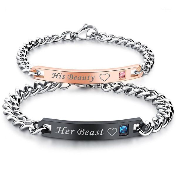 

his beauty her beast couple bracelet stainless steel crytal heart charm bracelets for women men lovers' jewellery drop shipping1, Black