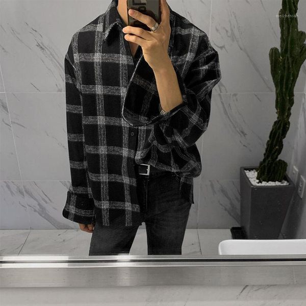 

spring autumn plaid shirt men's fashion retro casual shirt men streetwear wild loose korean long-sleeved mens -xl1, White;black
