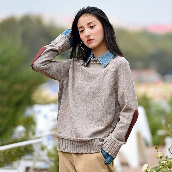

fairynatural ladies fake two piece pullover sweaters retro knitted 2020 autumn winter warm thick female korean sweater1, White;black