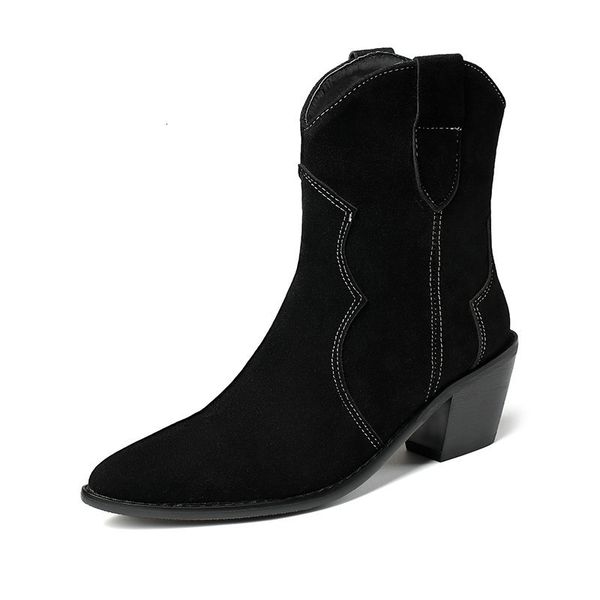 

2021 new flock fashion casual pointed toe ankle boots square high heel women party shoes autumn winter warm size 34-43 397x, Black