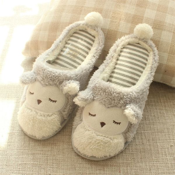 

cartoon owl plush winter home slippers women cute animal soft comfortable woman slipper cozy house shoes for ladies and girl y200424, Black